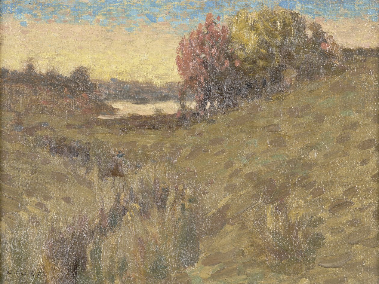 Nordvästlandskap med sjö (olja på masonit) av Eanger Irving Couse