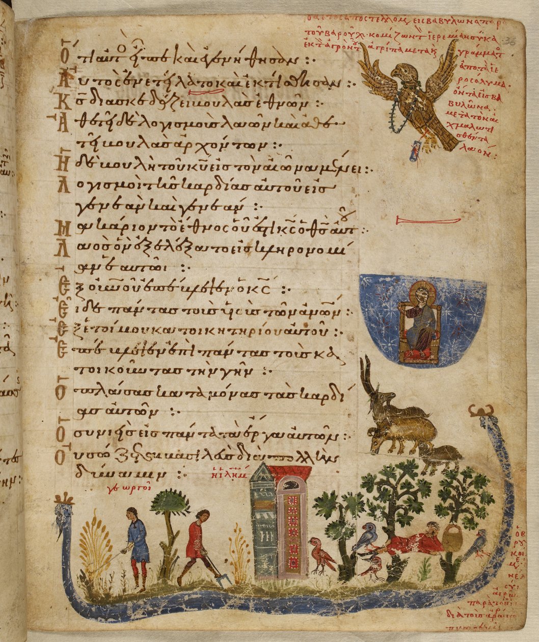 Lägg till. 19352, f.36r Eagle skickad av Baruch; trädgårdsscen, från Theodore Psalter av Eastern Mediterranean School