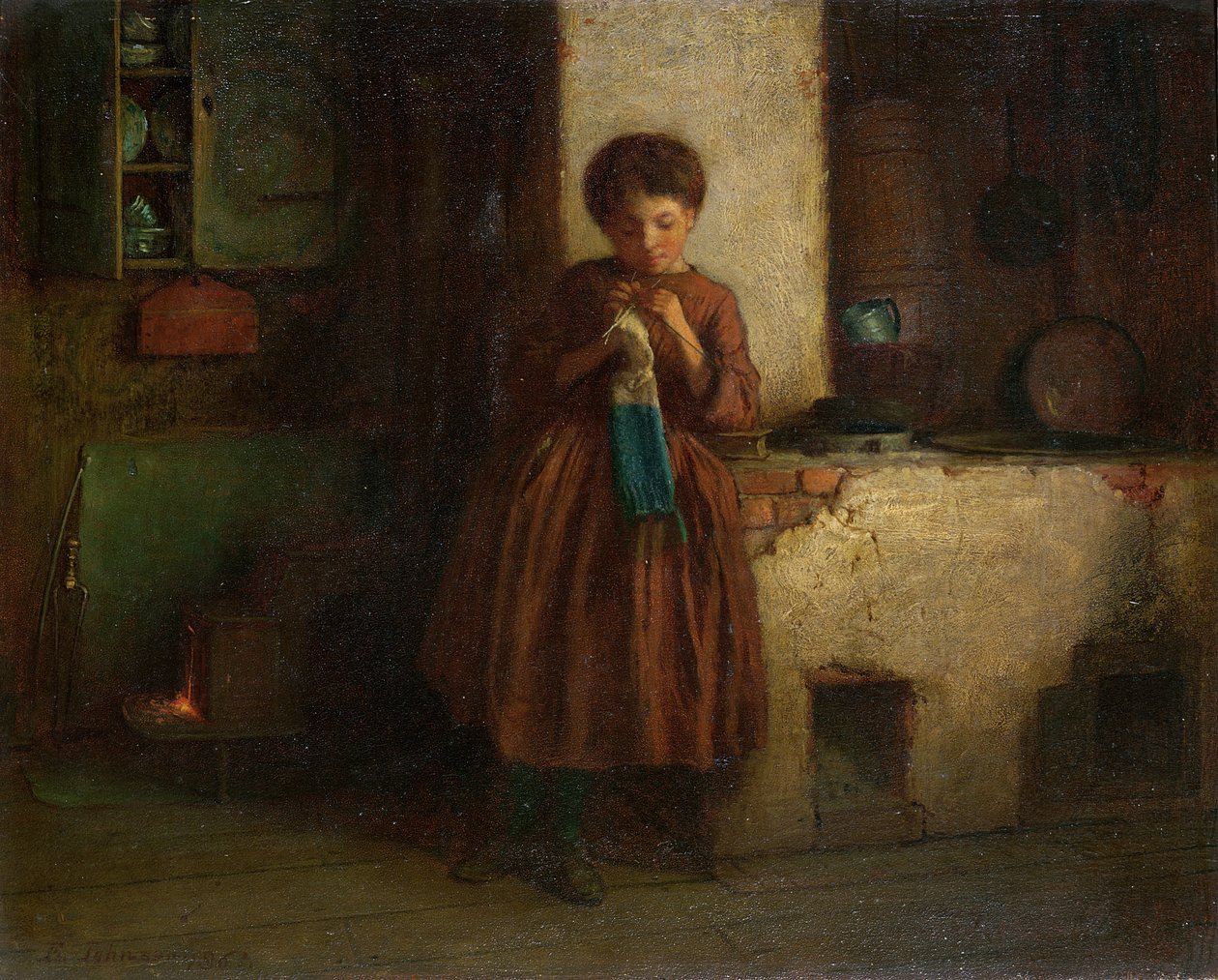 Knitting for the Soldiers, 1861 (olja på kvarnbräda) av Eastman Johnson
