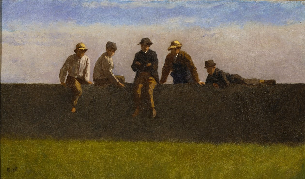 Five Boys on a Wall, ca 1875-1880 (olja på kompositionstavla) av Eastman Johnson