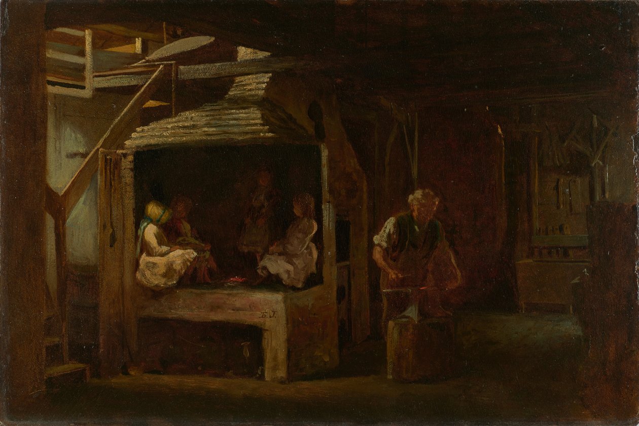The Blacksmith Shop (olja på pressad träfiberskiva) av Eastman Johnson