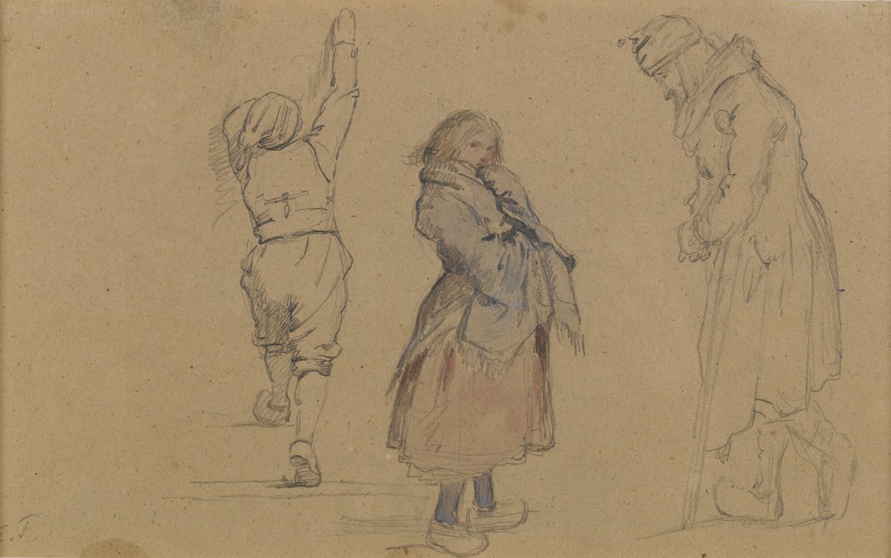 Tre holländska figurer, ca 1852 (grafit, wc och vit krita på brunt papper) av Eastman Johnson