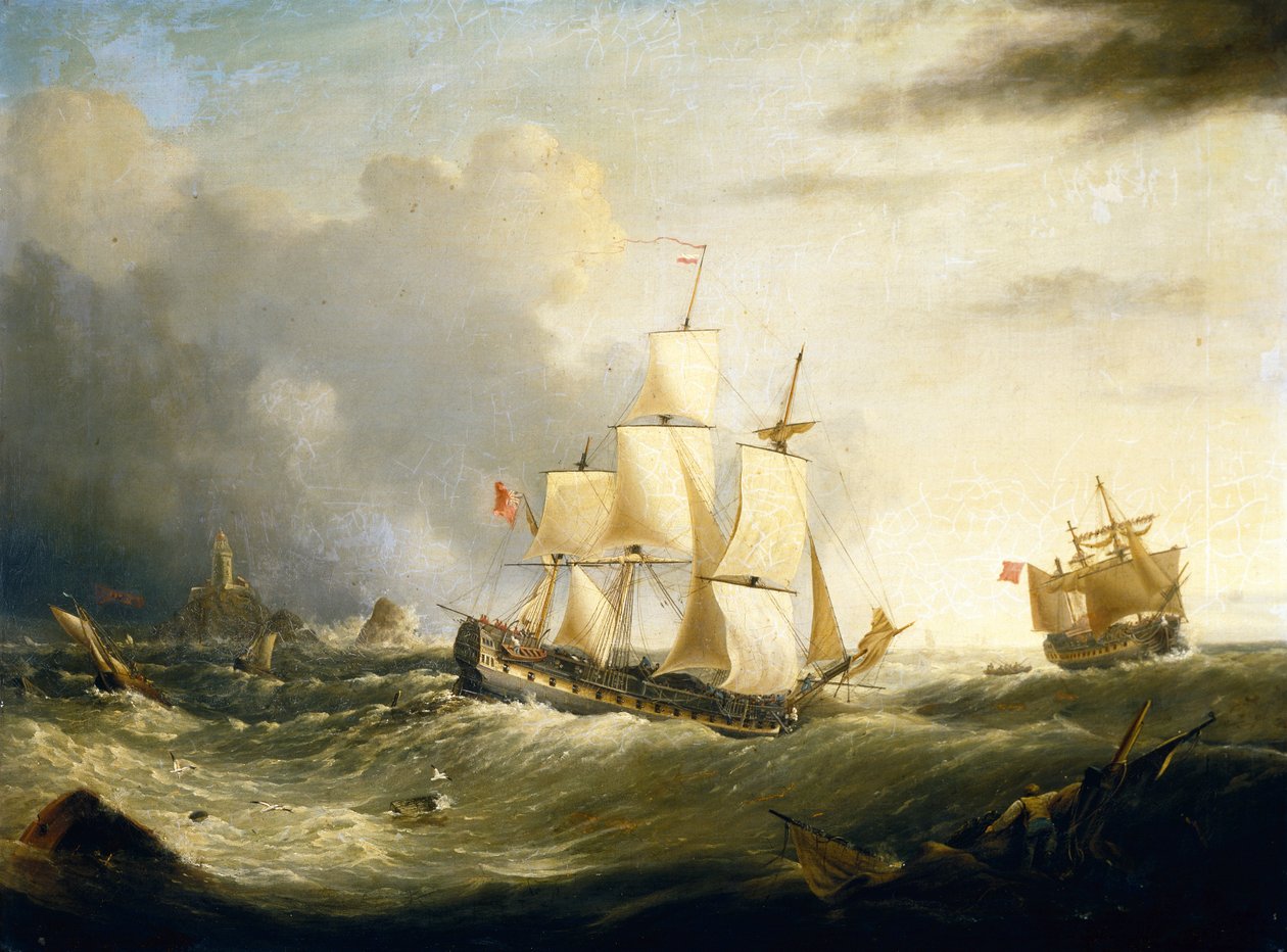 Two Deckers off Longships Lighthouse, Lands End (olja på duk) av Ebenezer Colls