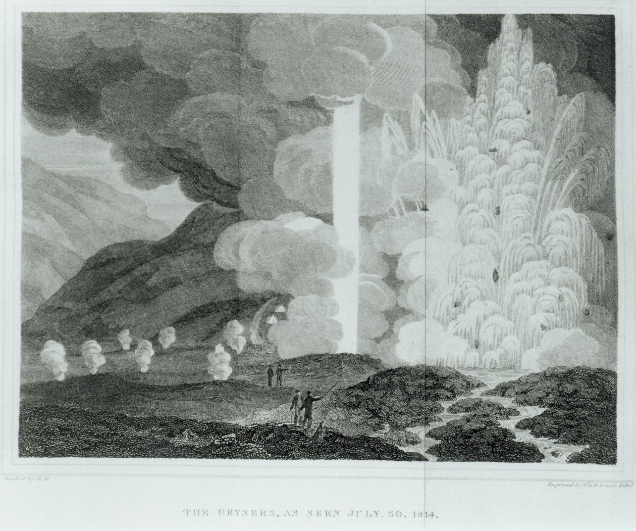 The Great Geysir of Strokkur, Island, från Island: eller, The Journal of a Residence in That Island av Ebenezer Henderson, publicerad 1819 (bw photo) av Ebenezer Henderson