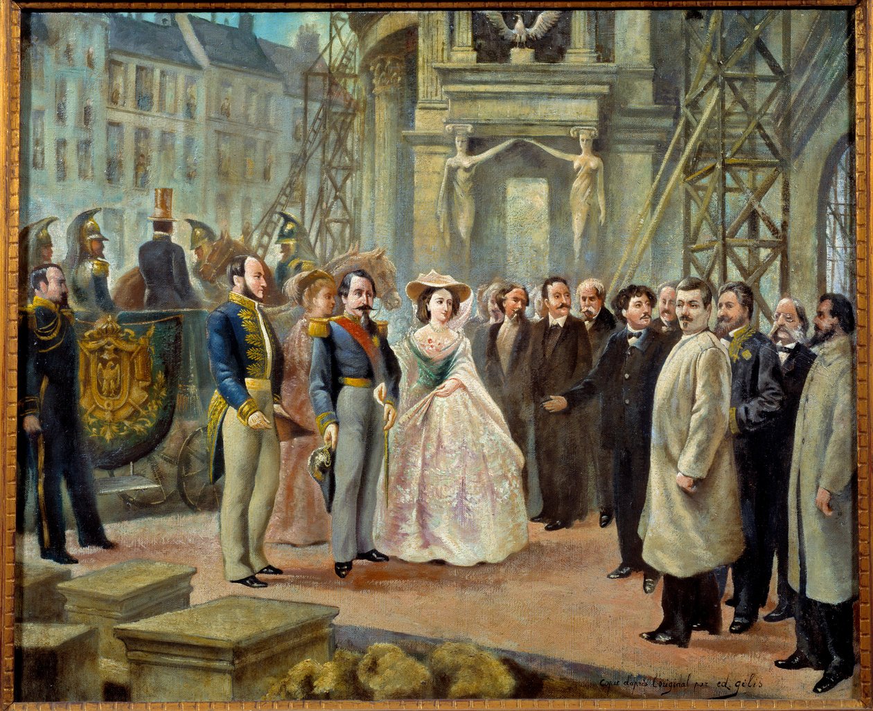 Napoleon III (1808-1873) och Imperatrice Eugenie (1826-1920) på besök på Opera Garnier i Paris. Till vänster om Napoleon III finns baron Georges Haussmann (1809-1891) och Charles Garnier med den höjda armen (1828-1885) till höger om Impres av Ed. (after) Gilis