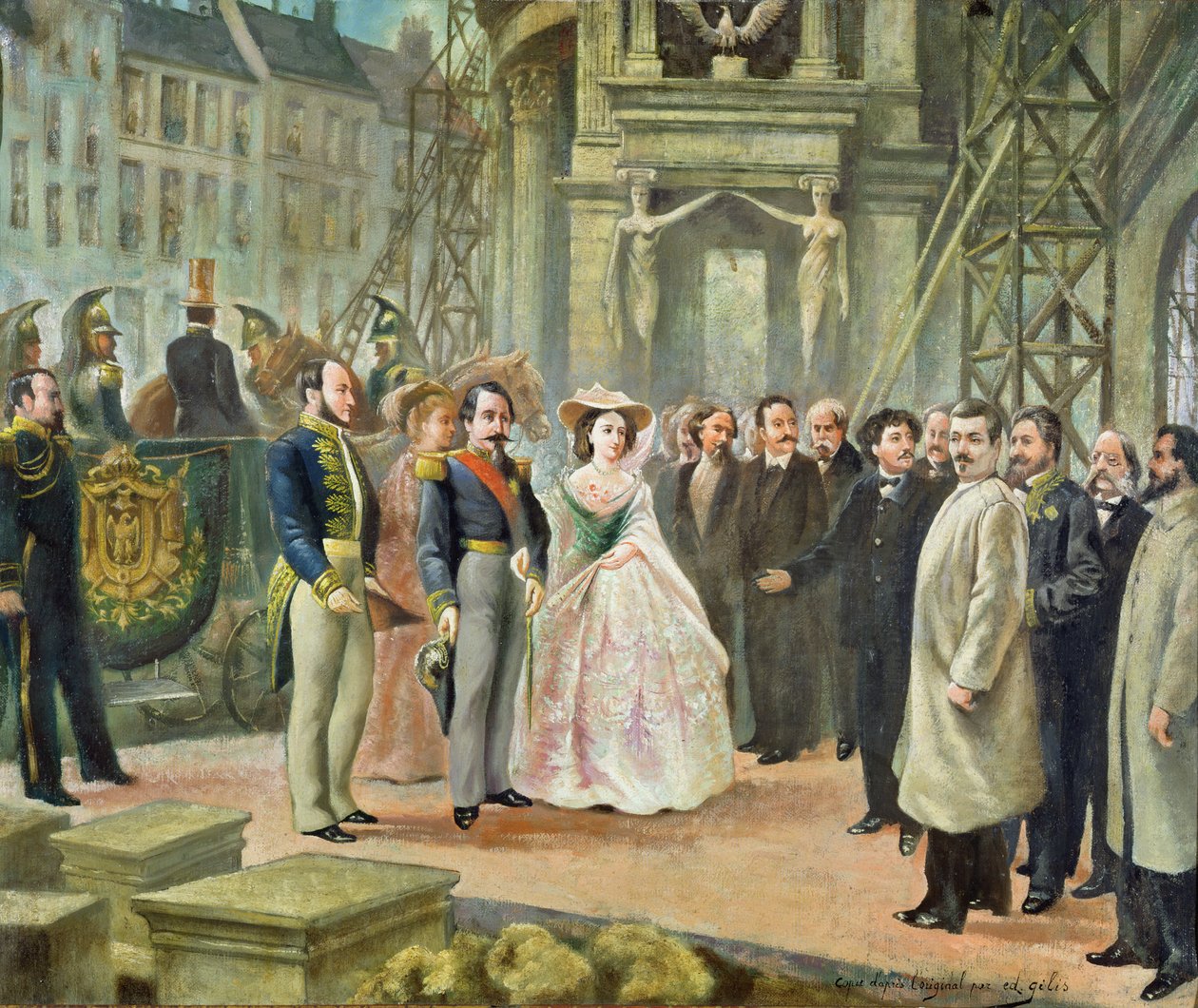 Baron Georges-Eugene Haussmann (1809-91) Napoleon III (1808-73) och kejsarinnan Eugenie (1826-1920) på besök hos arbetarna på operan av Ed. Gilis
