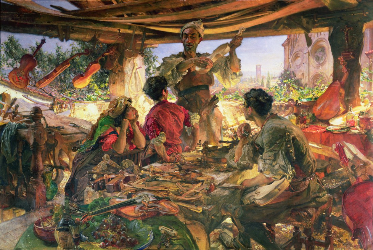 Stradivarius i sin verkstad i Cremona, 1913 av Edgar Bundy