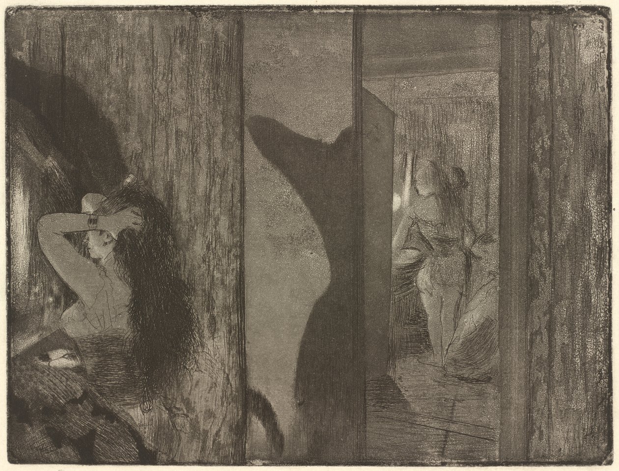 Skådespelerskor i sina omklädningsrum, 1879-1880 (etsning och akvatint på papper) av Edgar Degas
