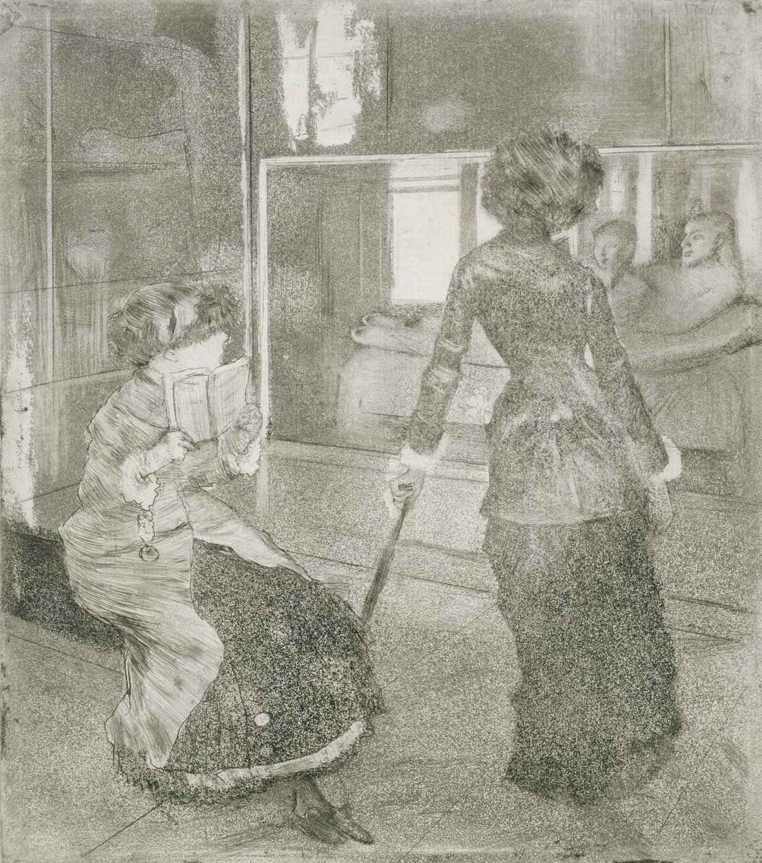På Louvren, Mary Cassatt (1845-1926) i Etruskiska galleriet (blandade media) av Edgar Degas