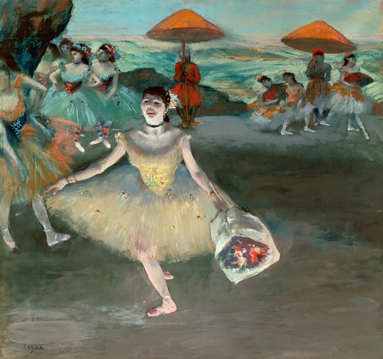 Danserinde med buket, curtseying, 1877 (pastel på papir) swed av Edgar Degas