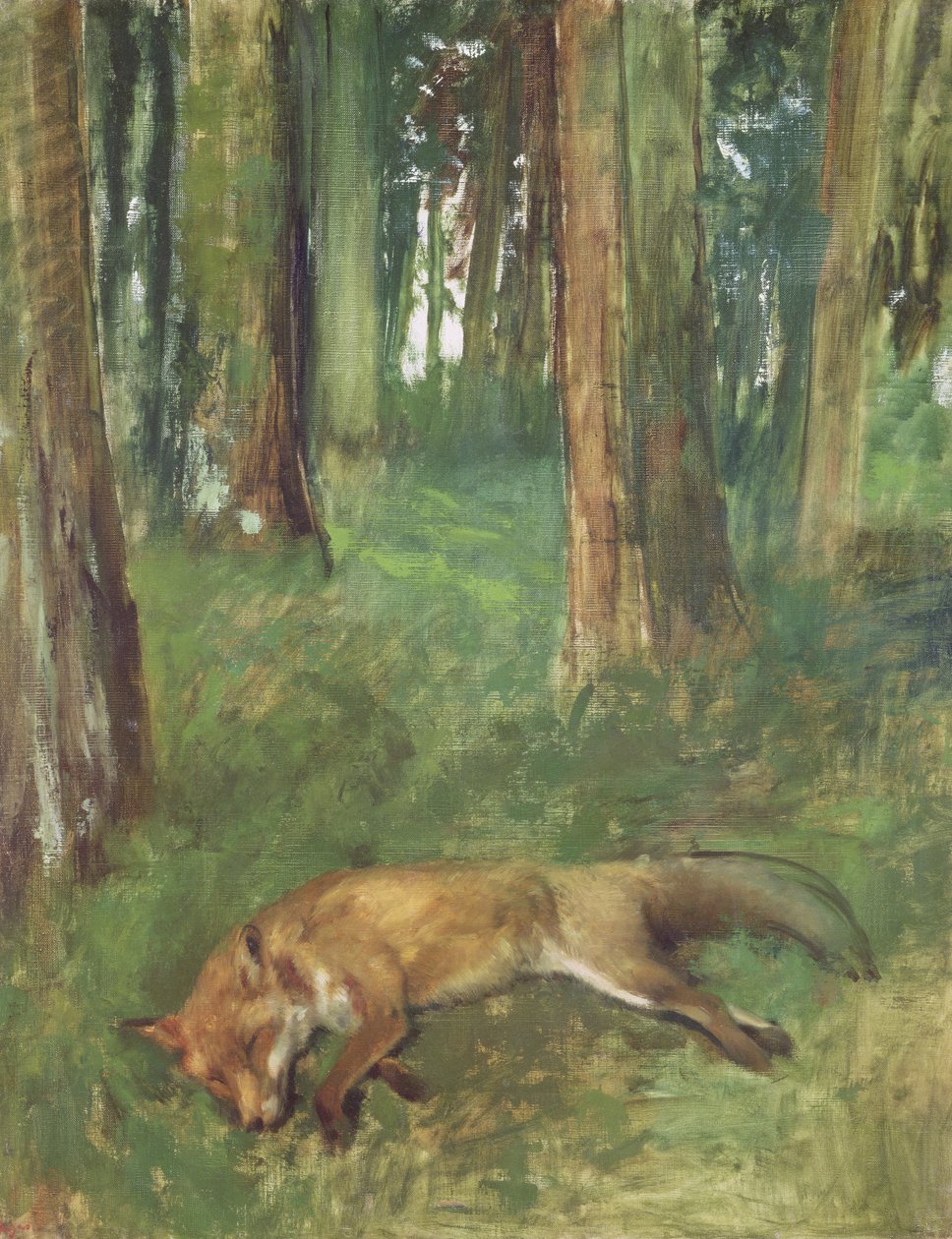 Död räv liggande i undervegetationen, 1865 av Edgar Degas