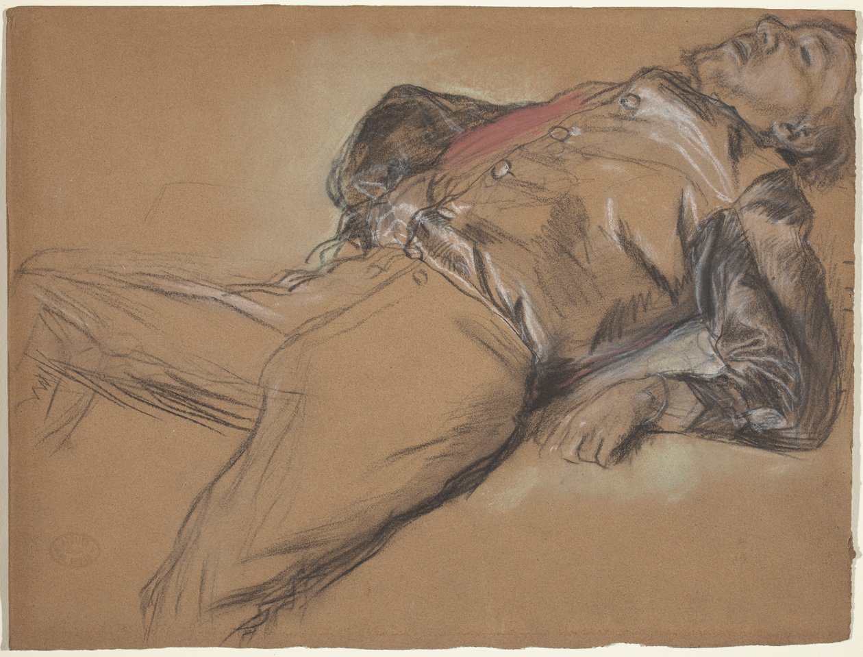 Fallen Jockey (studie för Scene from the Steeplechase: The Fallen Jockey), c.1866 (svart krita och pastell på brunt vävt papper) av Edgar Degas