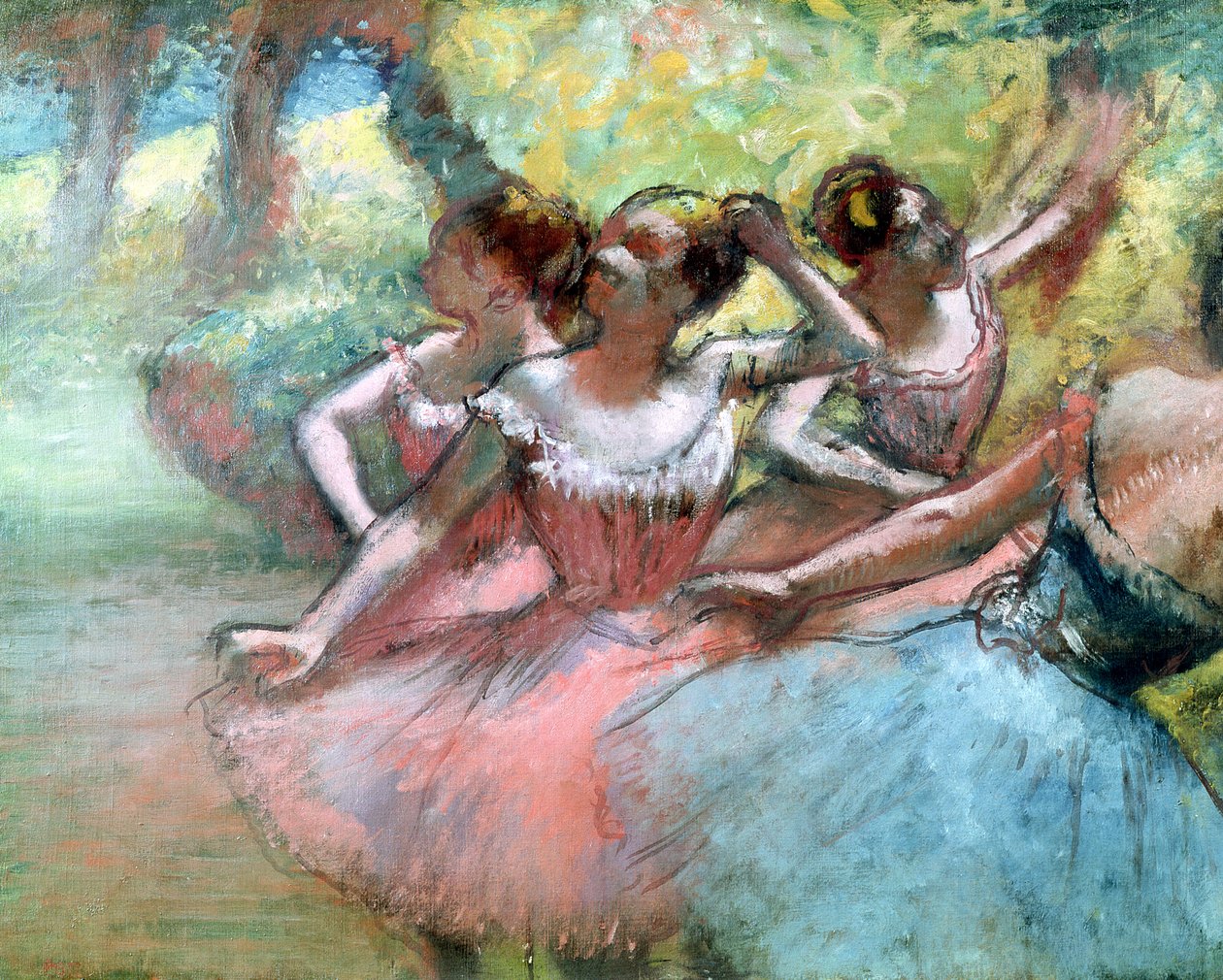 Fyra ballerinor på scenen (pastell) av Edgar Degas