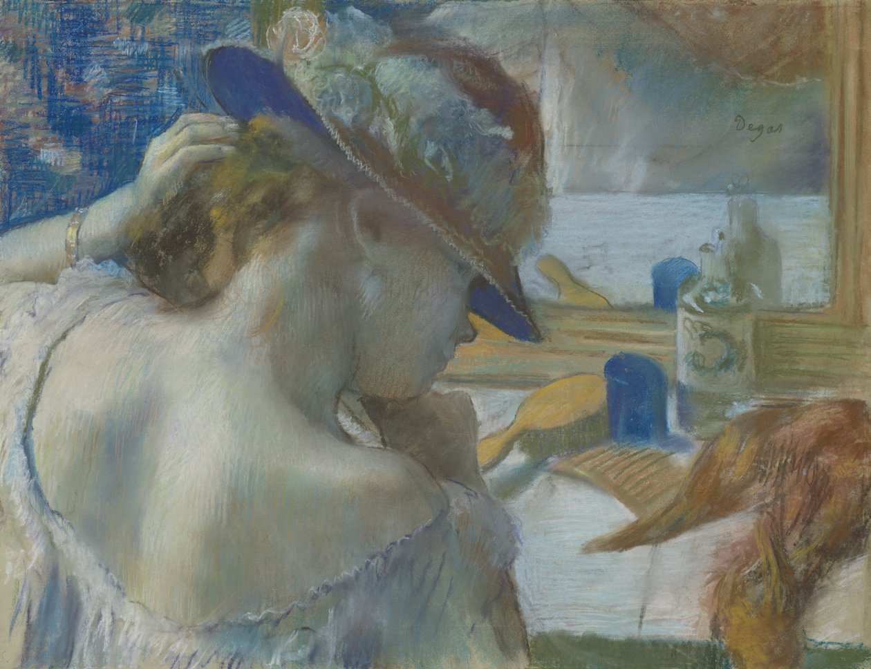 In Front of the Mirror, 1889 (pastell på papper) (se 141380 för oinramad version) av Edgar Degas