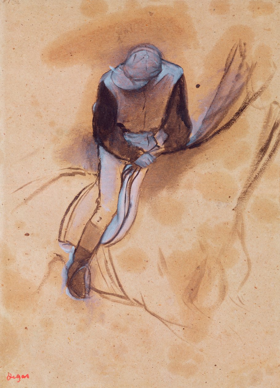 Jockey böjd framåt stående i sadeln, 1860-90 (pastell och kol på papper) av Edgar Degas