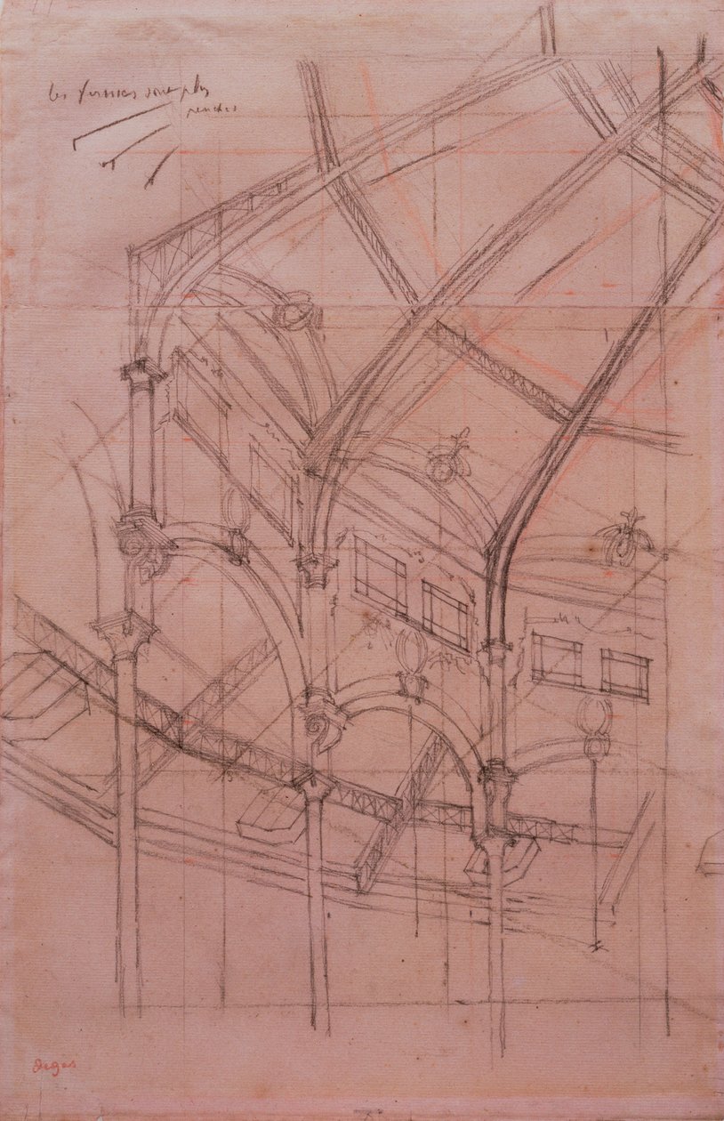 Le Cirque Fernando - arkitektonisk studie (svart och röd krita och blyerts på två sammanfogade pappersark) av Edgar Degas