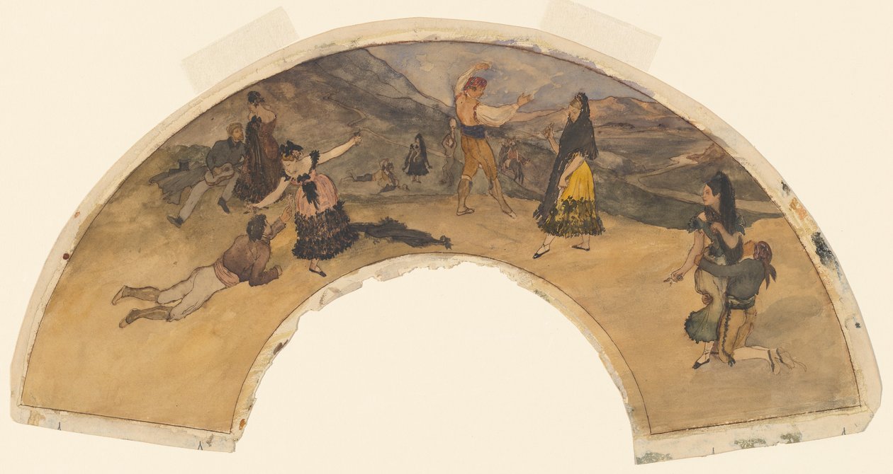 Spanska dansare och musiker, 1868-1869 (wc och penna och svart bläck på vävt papper) av Edgar Degas