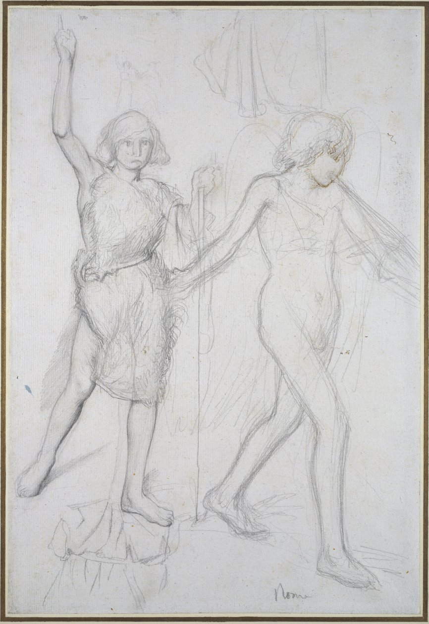 Johannes Döparen med en ängel som går framför sig, till höger (penna med penna & brunt bläck på papper) av Edgar Degas