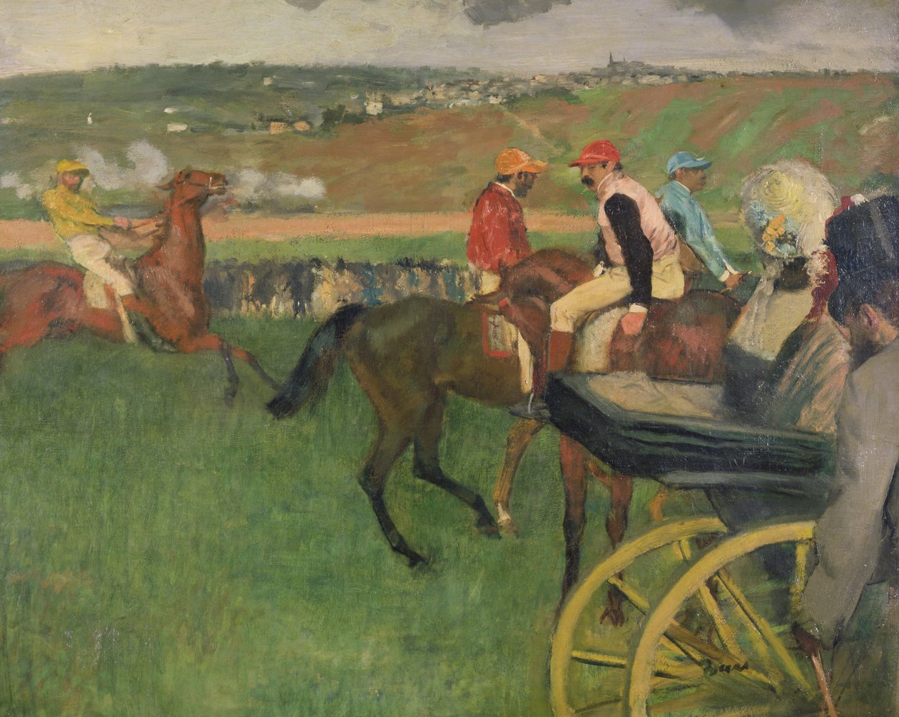 Tävlingsbanan - amatörjockeyer vid en vagn, ca 1876-87 av Edgar Degas