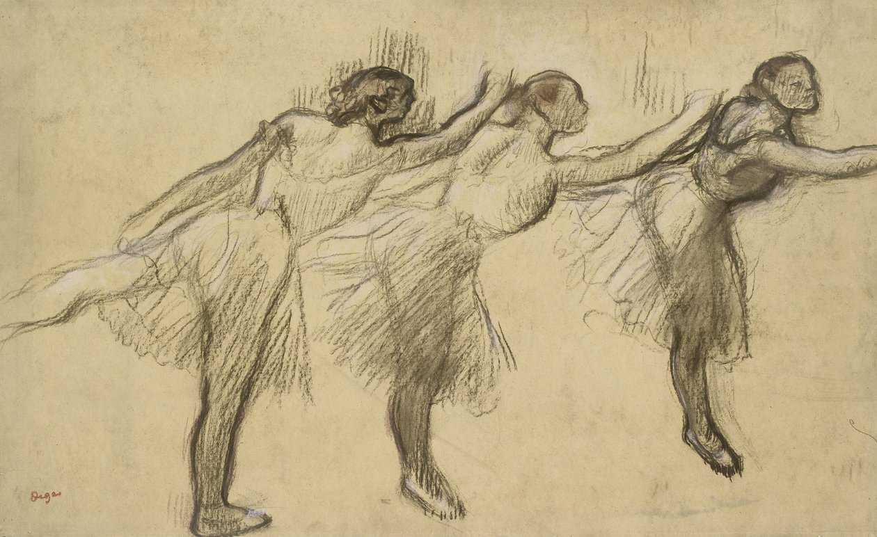 Tre studier av en ballerina (kol gnuggad och berörd med rosa och bruna pasteller på tunt, gulaktigt, oljat papper, lagt på styvt papper) av Edgar Degas