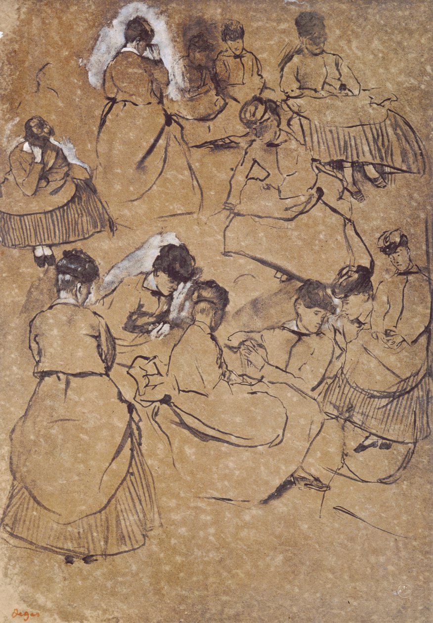 Tolv studier av kvinnor i andra imperiets dräkt (penna och bläck på buffpapper) av Edgar Degas