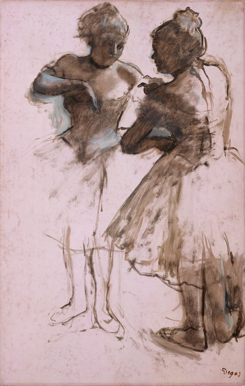 Two Dancers, 1873 (Mörkt brun tvätt och vit gouache på papper) av Edgar Degas