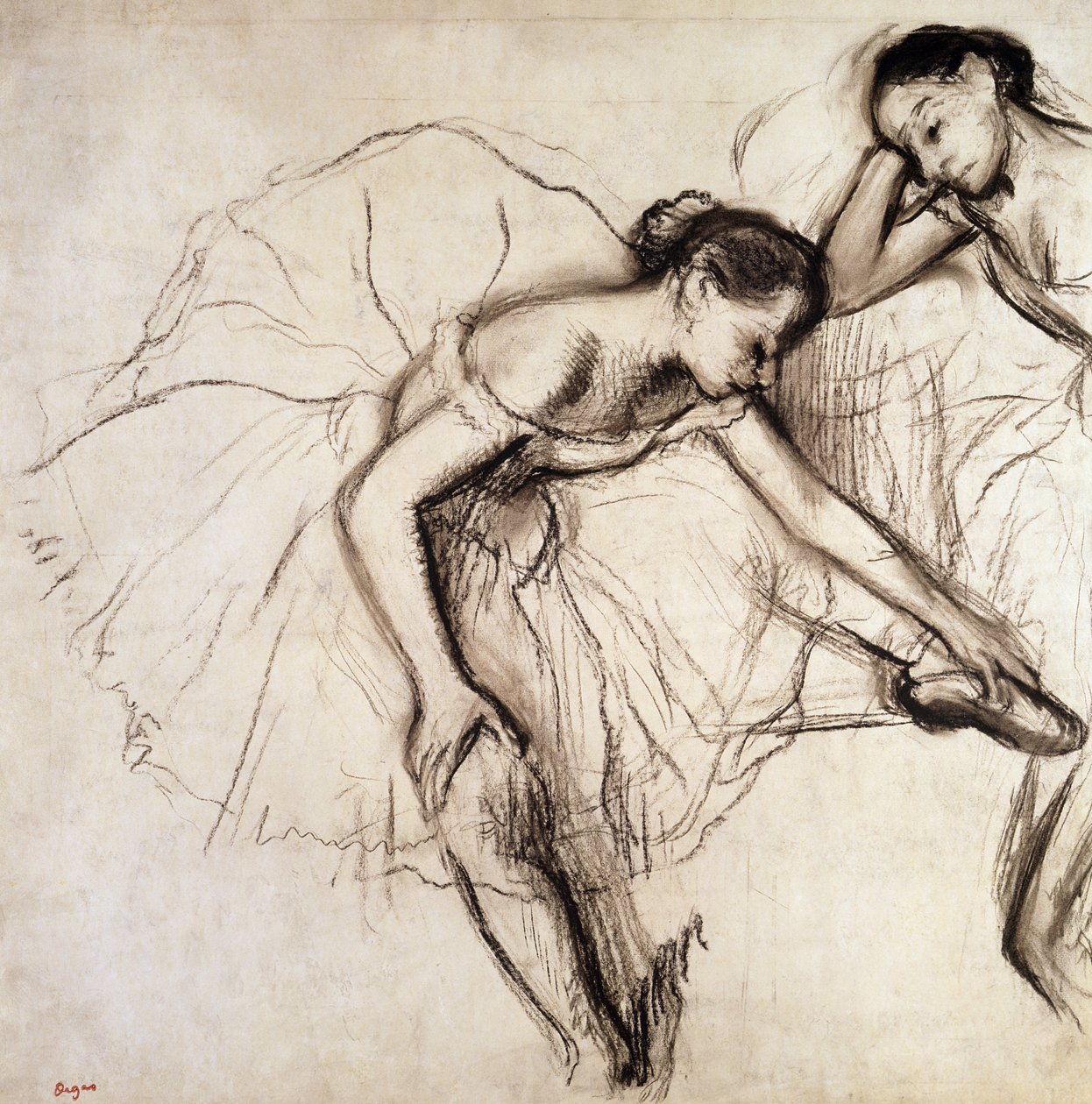 Två dansare vilar (kol på papper) av Edgar Degas