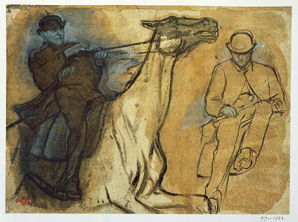 Två studier av ryttare (penna och bläck, olja och gouache på gulfärgat papper) av Edgar Degas