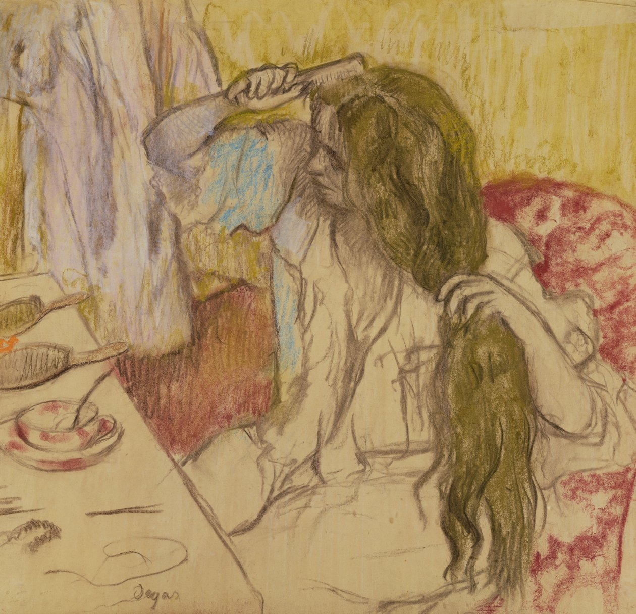 Kvinna vid hennes toalett, ca 1885 (pastell på kartong) av Edgar Degas