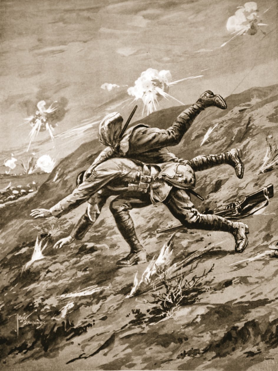 Sergeant Hall blir dödligt skadad när han försöker rädda en skadad kamrat. av Edgar Alfred Holloway