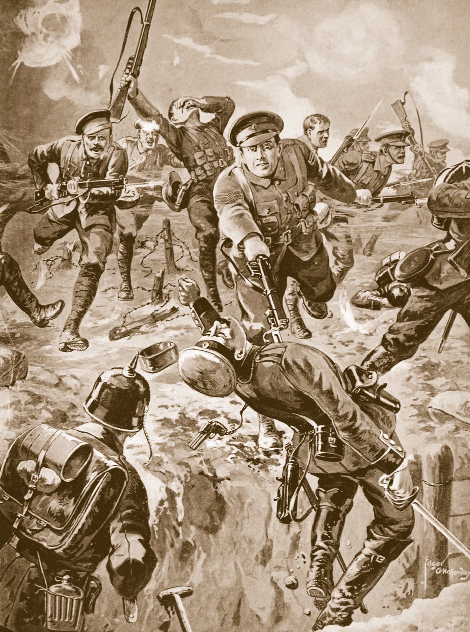 Korpral J. Davies och åtta män på väg med bajonetten en grupp tyskar som tidigare hade omringat dem (litho) av Edgar Alfred Holloway