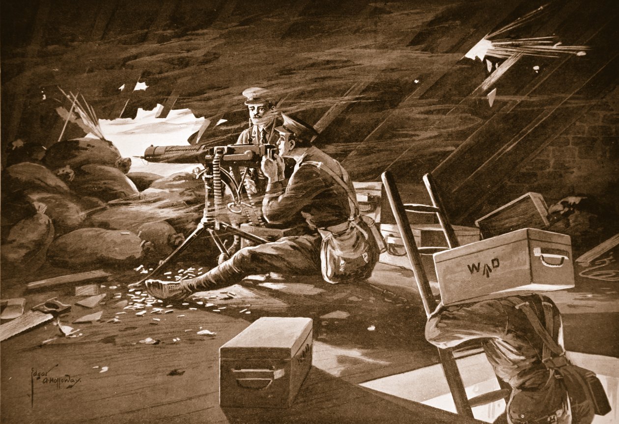 Korpral Windell bryter upp fiendens attack genom elden från hans maskingevär från taket på ett hus nära Neuve Chapelle av Edgar Alfred Holloway