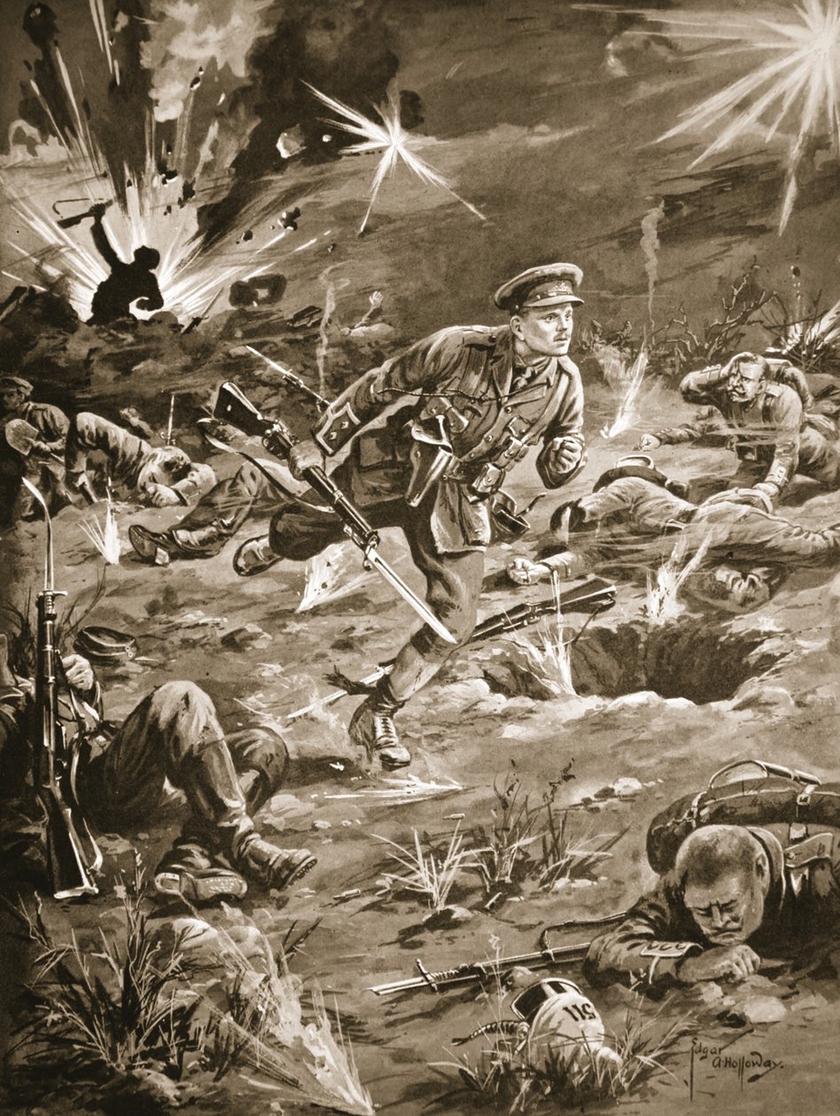 Löjtnant Geary skyndar, under kraftig granatbeskjutning, till ett skyttegrav till höger om Hill 60 för att komma i kontakt med en officer av Edgar Alfred Holloway