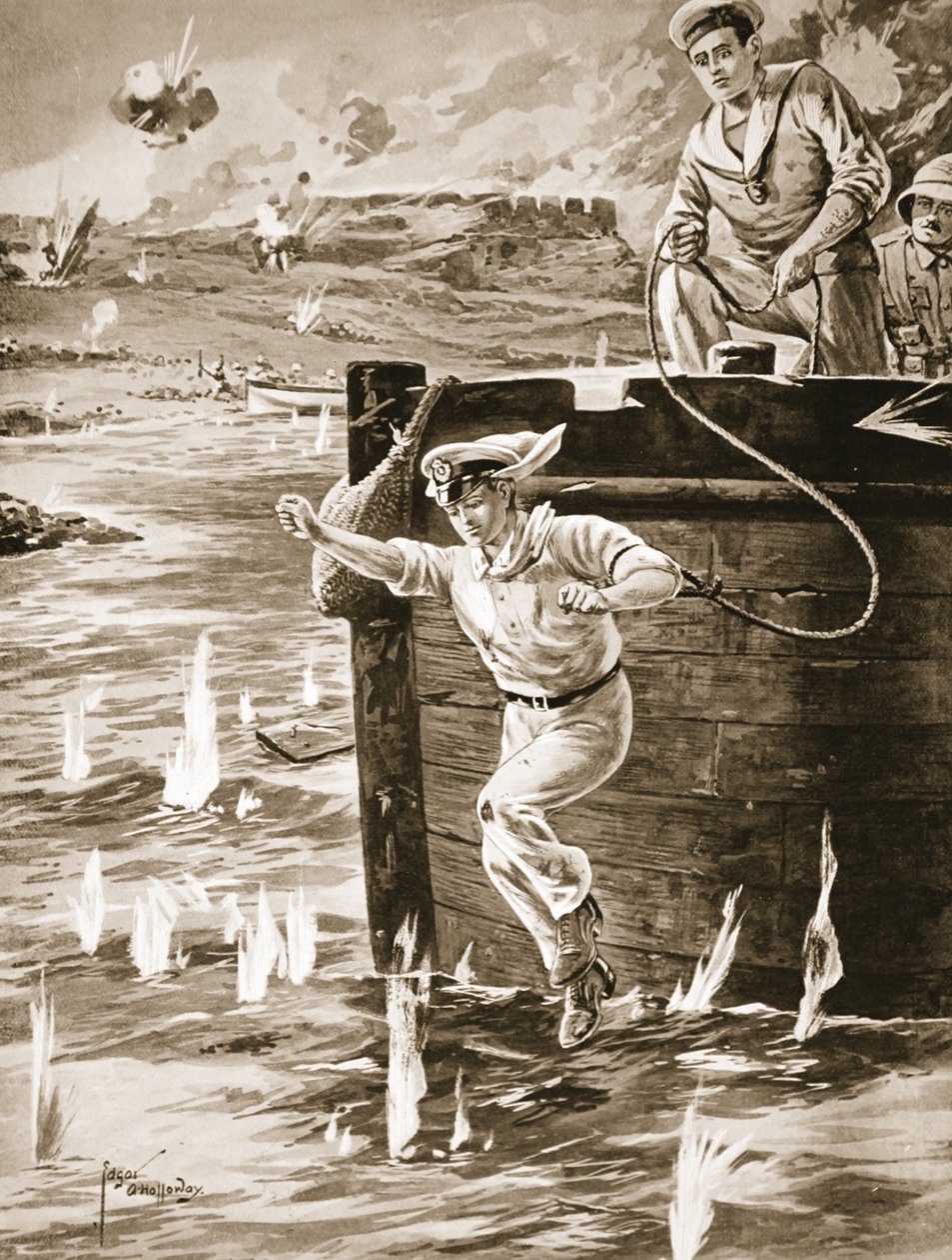 Midshipman Malleson hoppade med en lina från en pråm för att koppla ihop en annan pråm som drev av Edgar Alfred Holloway