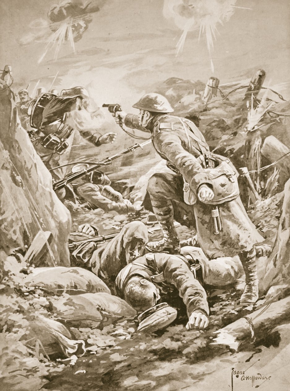 Menig (tillförordnad korporal) L. Clarke, ensam, håller ett parti tyskar i schack under en motattack av Edgar Alfred Holloway