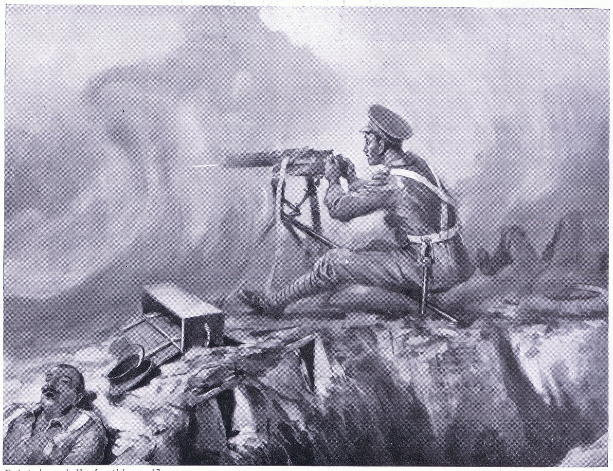 Menig Lynn dör av gasförgiftning, serverar ett maskingevär och slår en tysk attack. Ypres april 1915 av Edgar Alfred Holloway