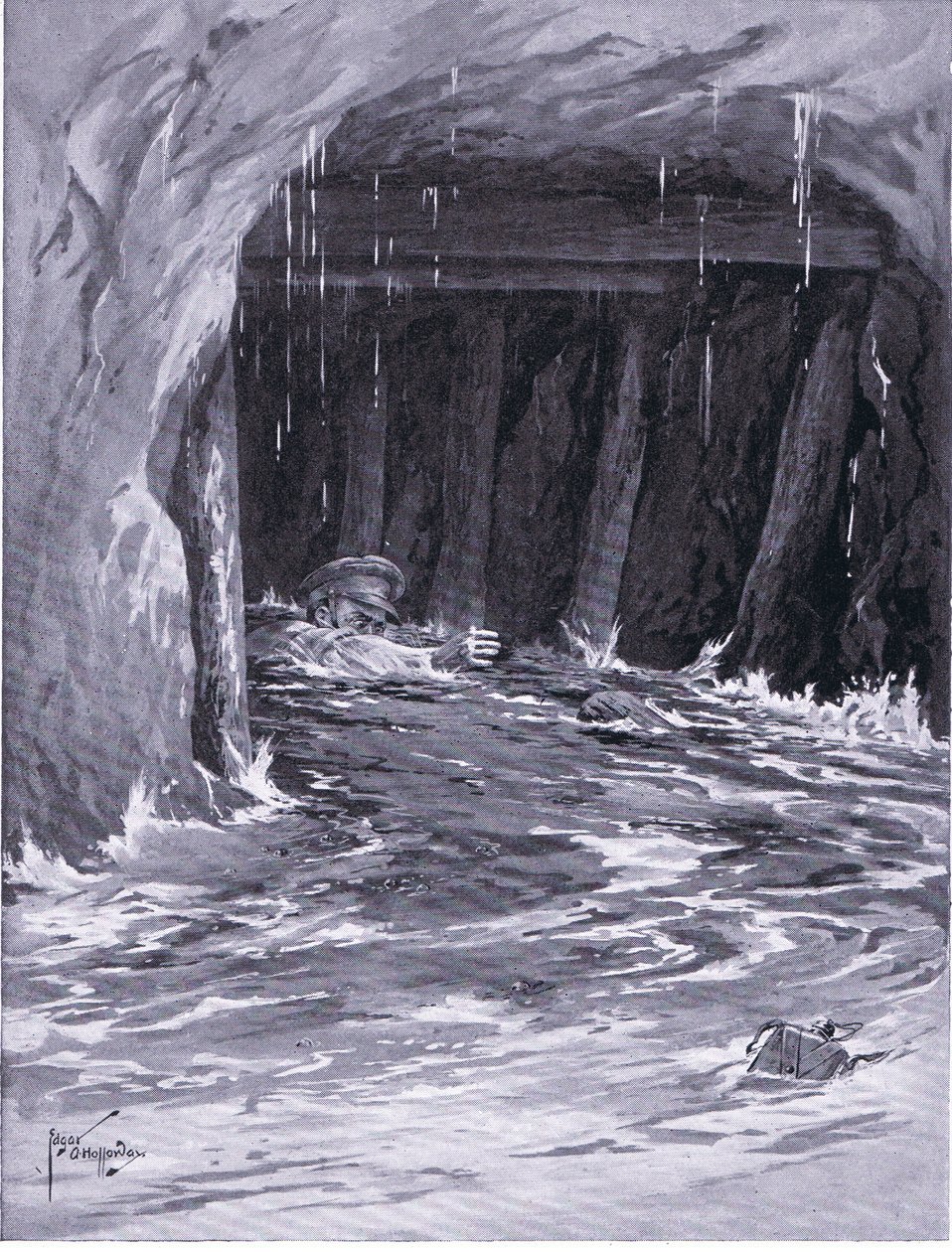 Second Corporal Collier kämpar sig ut ur ett gruvgalleri nästan fullt med vatten efter att ha avslutat sitt arbete (DCM) (litho) av Edgar Alfred Holloway