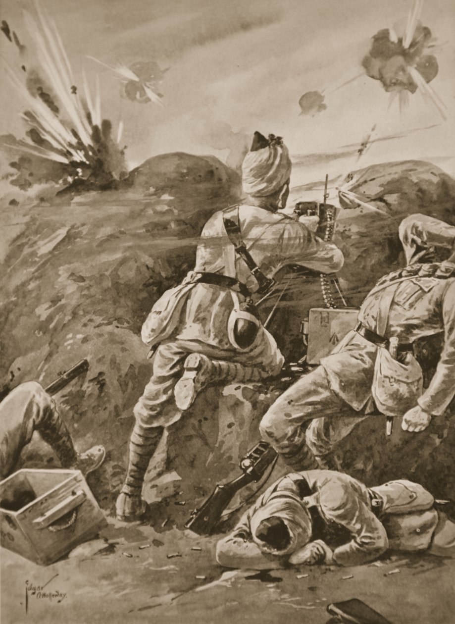Sepoy Khudadad arbetade med ett maskingevär efter att resten av vapenavslutningen hade dödats av Edgar Alfred Holloway