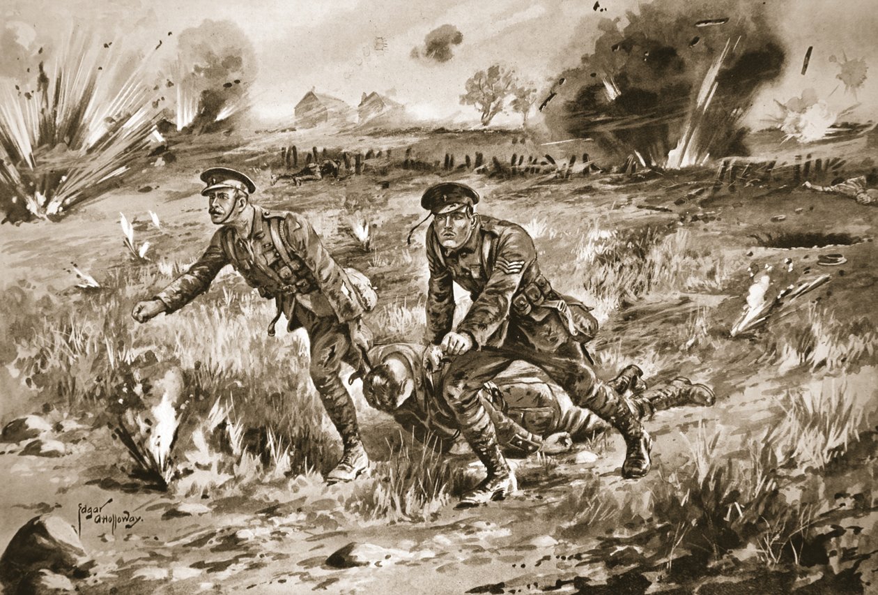 Sergeant Gannon hjälper en officer att föra in sin sårade herre under mycket hård eldgivning. av Edgar Alfred Holloway