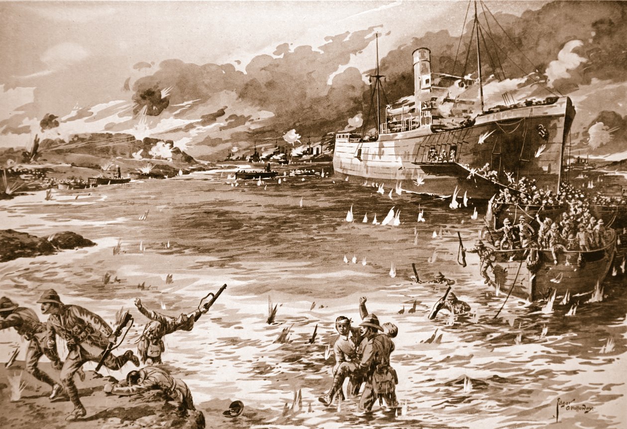 Den berömda landningen från "River Clyde" vid V Beach av Edgar Alfred Holloway