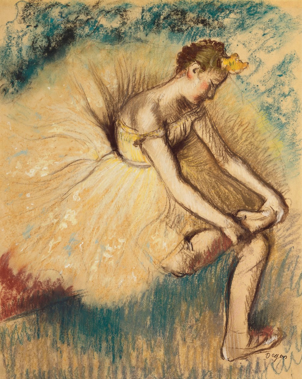 En dansare som sätter på sig sin sko; Dansare knyter sin sko, 1896 av Edgar Degas