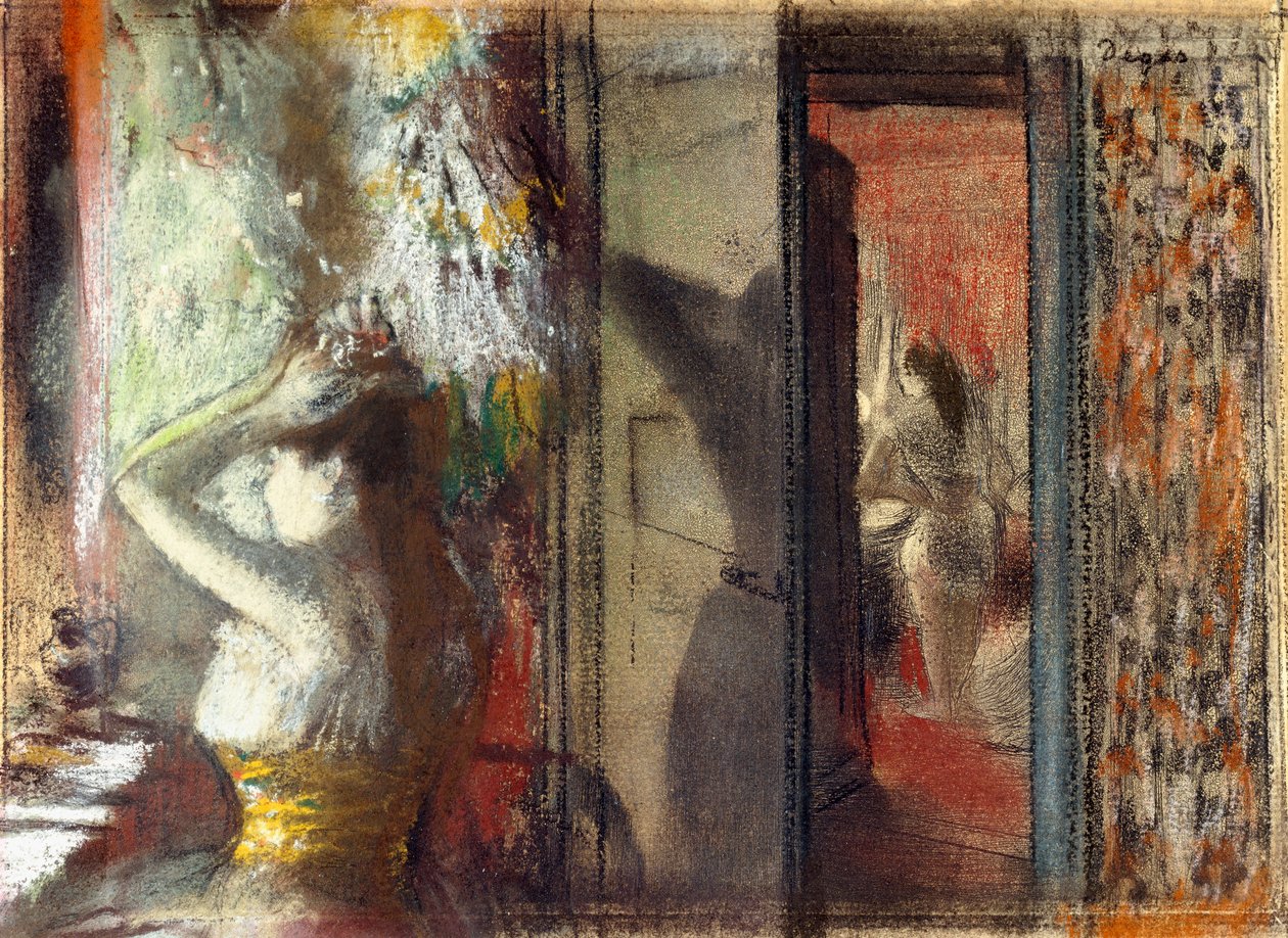 Skådespelerskors omklädningsrum, ca 1885 (pastell över etsning på papper) av Edgar Degas