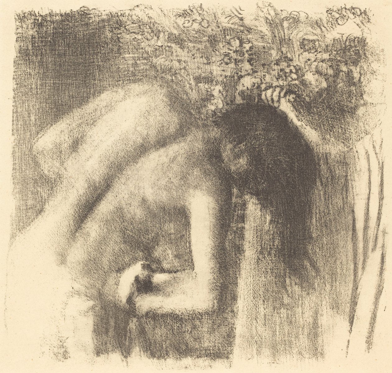 Efter badet lämnar badet Stor tallrik, ca. 1891. av Edgar Degas