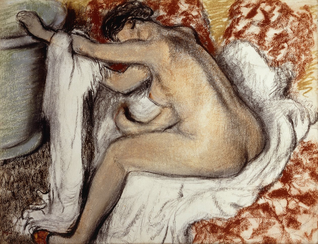 Efter badet, kvinna som torkar; Efter badet, kvinna som torkar sig, c.1884 av Edgar Degas