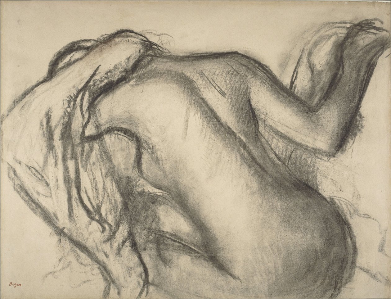 After the Bath, Woman Drying Her Hair, ca 1893-98 (kol & brun krita på papper) av Edgar Degas