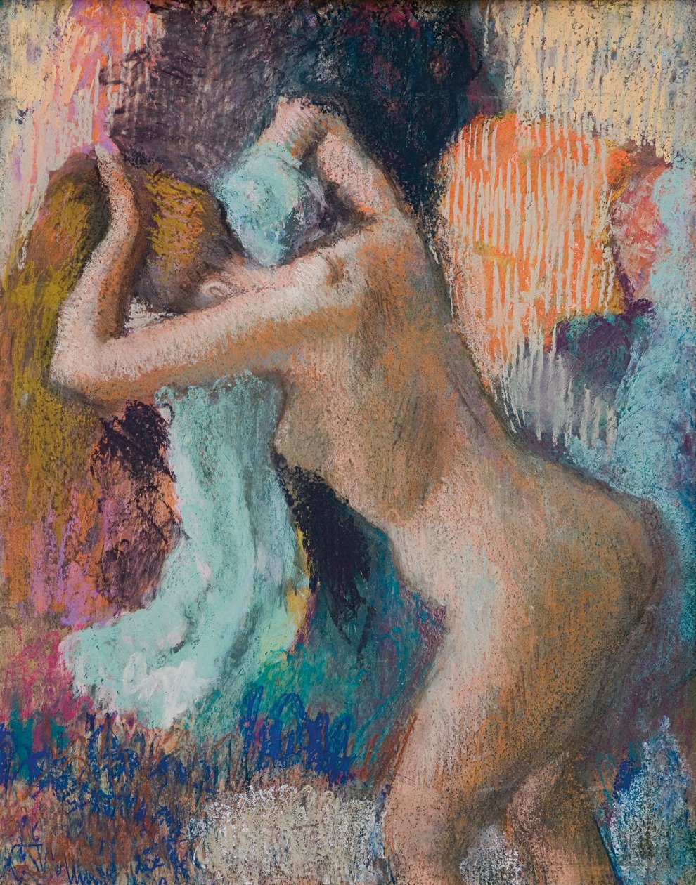Efter badet, kvinna som torkar sig själv; Apres le bain, femme s"essuyant, c.1890-1895 av Edgar Degas