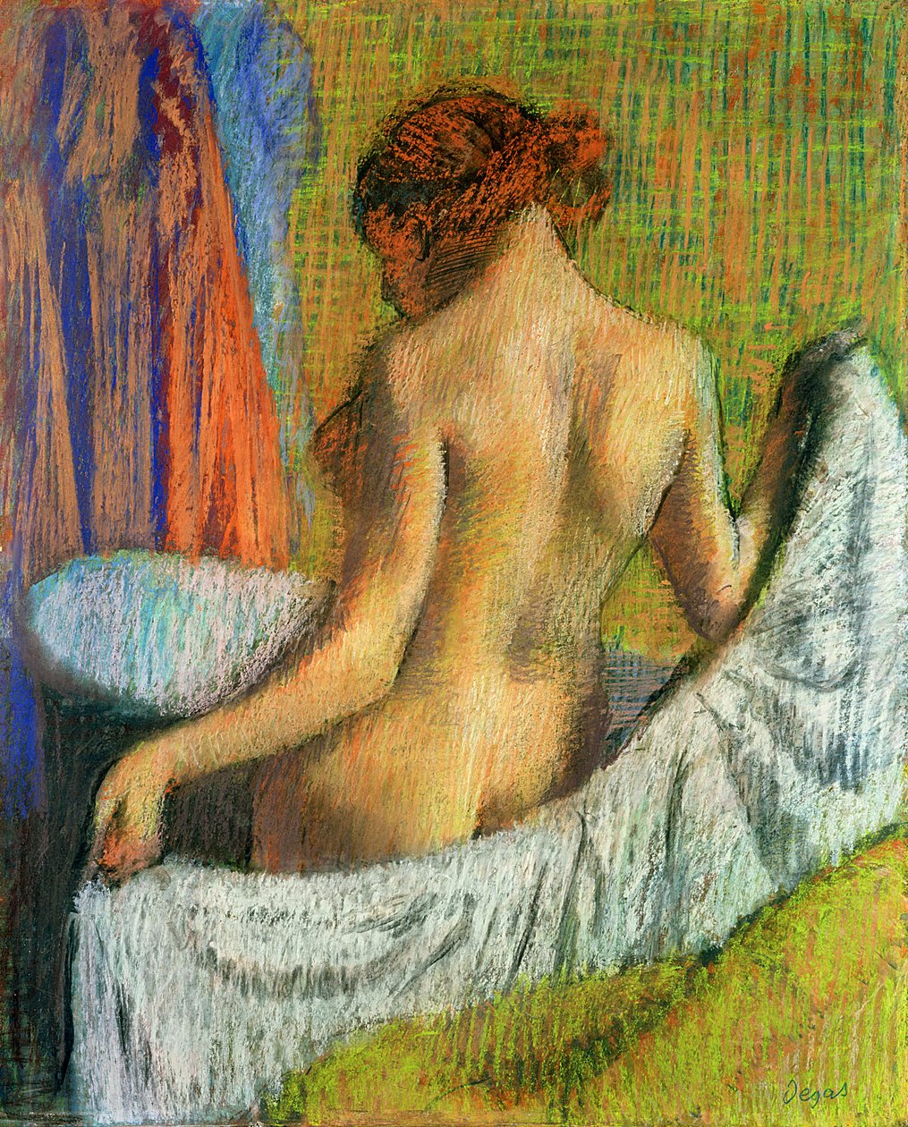 Efter badet, kvinna med en handduk, ca 1885-90 (pastell på vävt papper) av Edgar Degas