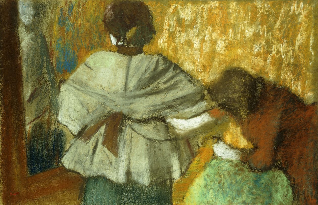 Hos sömmerskan, beslaget; Hos sömmerskan, montering, 1882 av Edgar Degas