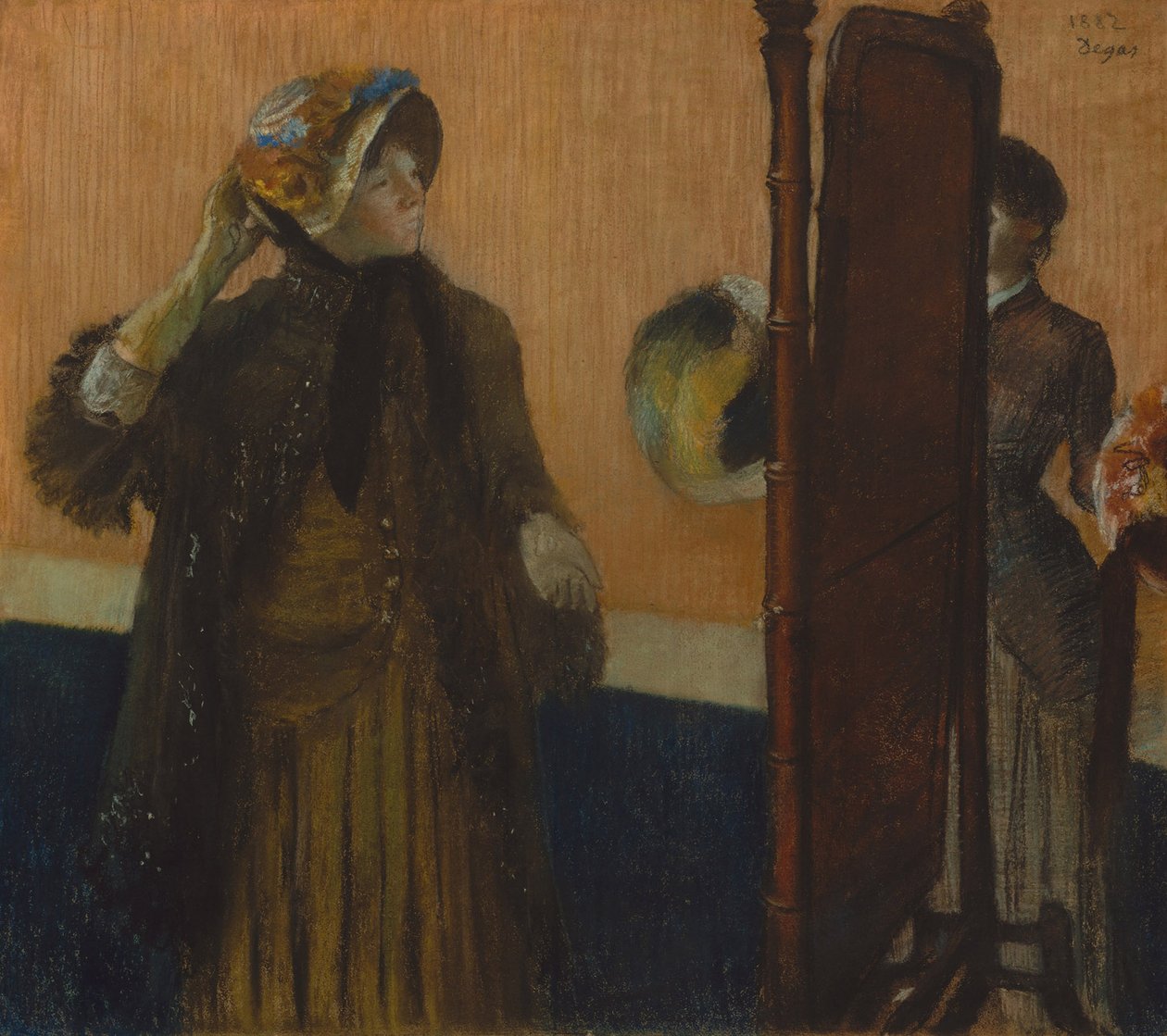 At the Milliners, 1882 (Pastell på blekgråt vävt papper nedlagt på silkesbultning) av Edgar Degas