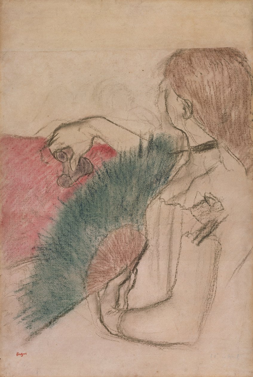 På teatern, Kvinna med en fan, 1880 av Edgar Degas